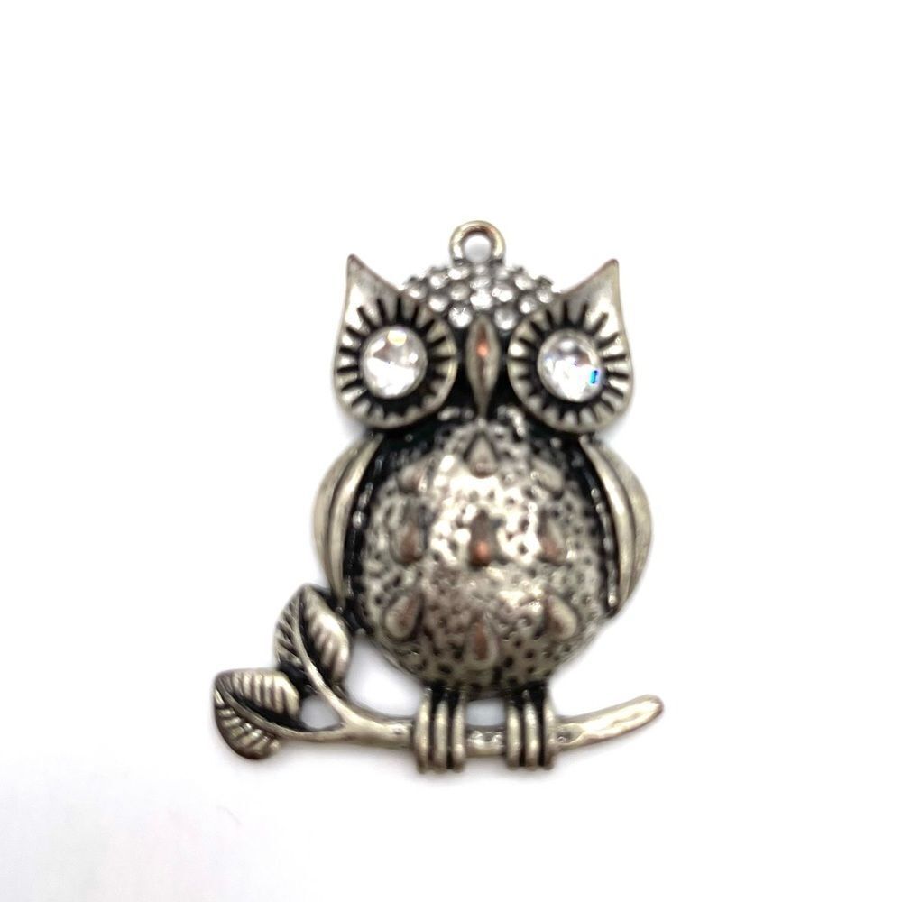 Owl Pendant on Silver Tone with Rhinestones